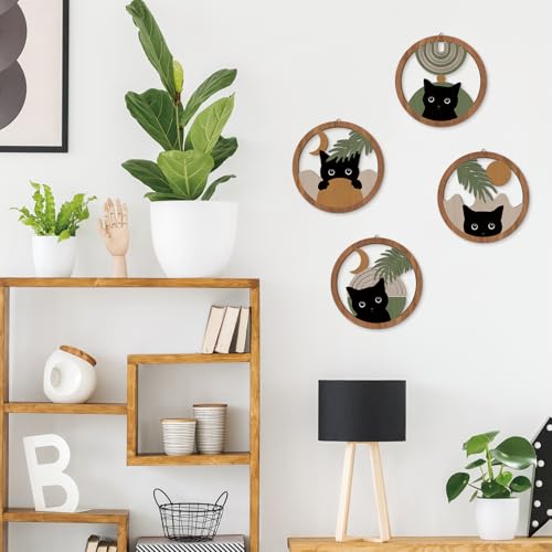 HPNIUB Boho Black Cat Wall Decor, Farmhouse Geometric Hanging Wooden Wall Art, 4 Pieces 10''x10'' Mid Century Bohemian Abstract Moon and Sun Wood Sign for Nursery Bedroom Decoration, Lovely Cat Gifts - color: Cat style B