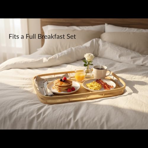 PEMAR Wicker Serving Trays w Handles,Rectangular Hand-Woven Lap Trays,Bamboo Bedroom Trays,Cabin Trays for Foods & Drinks. Decorative Trays for Coffee Tables,Breakfast,Dinners,Bed Eating. 2 Pack Set - size: Standard (16.93"L x 13"W)