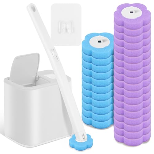 Wall Mount Toilet Bowl Cleaner Kit with Lengthened Handle Auto Lid Opening Toilet Brush Cleaning Kit 360 Degree Cleaning Toilet Brush Pad Kit for Bathroom (White)