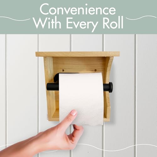 Toilet Paper Holder with Shelf - Easy to Install Wall Mounted Wood Toilet Paper Holder - Mounts to Most Surfaces - Fits All Toilet Paper Types from Regular to Mega Sizes (Natural)