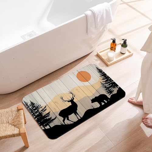 Bathroom Floor Mat,Rustic Deer Bear Bathroom Rugs,Quick Dry Farmhouse Forest Diatomaceous Bath Mat,Non Slip Super Absorbent Soft Floor Mat for Home Kitchen Dorm Patio 17 X 29.5 Inch - color: Rustic Deer Bear