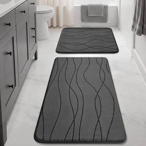 YIHOUSE Bathroom Rugs Set 2 Piece, Memory Foam Bath Mat Dark Grey | 17x24& 20x32, Ultra Soft, Absorbent, Non-Slip, Machine Washable, for Bathroom, Sink and Toilet - color: Dark Grey, size: 2'8" x 1'8" (Rectangular)