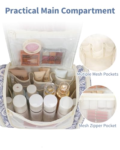 Narwey Hanging Toiletry Bag for Women Travel Makeup Bag Organizer Toiletries Bag Men for Cosmetics Essentials Accessories(Large, Blue Leaf) - color: B-Blue Leaf, size: Large