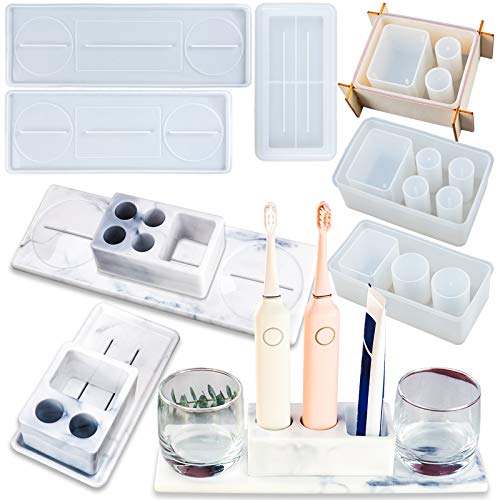 Toothbrush Holder Epoxy Resin Silicone Molds Set 6-Count | Make Bathroom Organizer Trays with Cement, Concrete, Resin or Polymer Clay