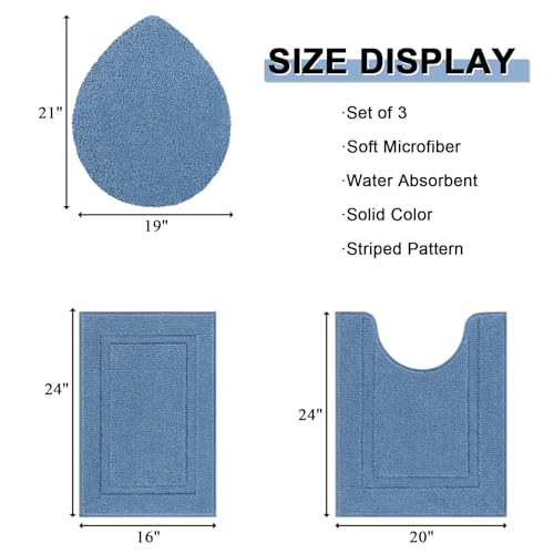 SHACOS Microfiber Small Bathroom Rugs Set of 3 Piece with Toilet Lid Cover | Non Slip Super Soft Absorbent 16"x24" Bath Mat U Shape Contour Mat Bathroom Carpet Machine Washable(Blue) - color: Blue, size: 16"x24"+U-Shape 20"x24"+Lid Cover 19"x21"