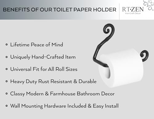RTZEN Bathroom Toilet Paper Holder - Handcrafted Rustic Wrought Iron Wall Decor Toilet Roll Holder - Black Matte Wall Mount Bar for Modern Farmhouse Bathroom Decor - style: Swirls