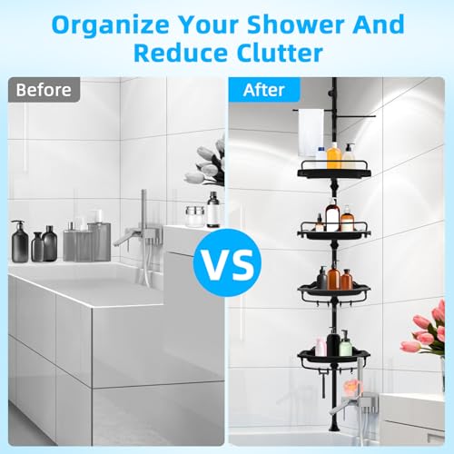 XLHOMO 32-122inch Corner Shower Caddy Tension Pole Black, Rustproof Drill-Free Shower Shelves for Bathroom Bathtub Washbasin, Adjustable Shower Organizer with 4 Tier Patent Stable Shelves & Towel Bars - color: Black