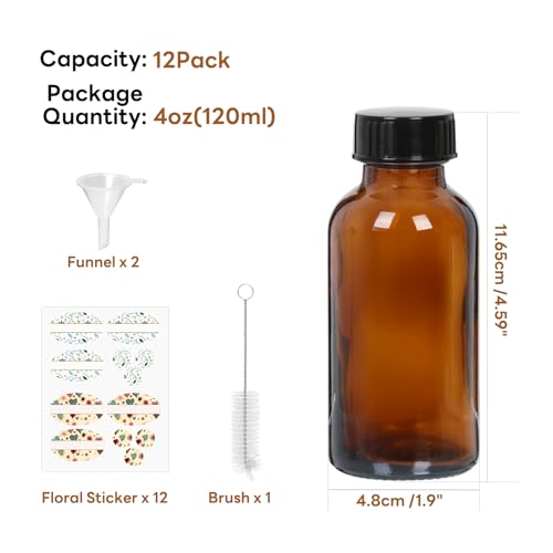 STARSIDE 12 Pack 4 oz Amber Glass Bottles with Lids, 120 ml Round Boston Bottles for Essential Oils, Hot Sauce, Juice, Liquids, Include 1 Brush,1 Funnel, 12 Labels. - size: S