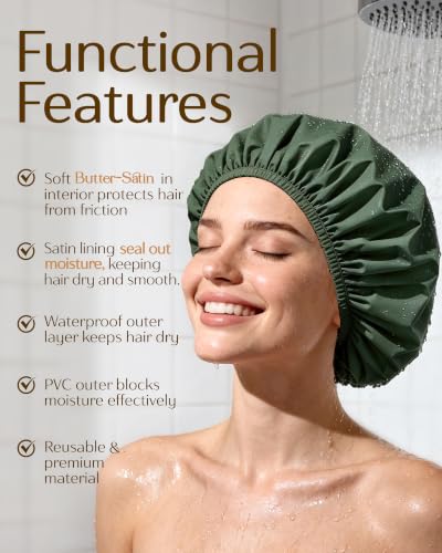 Yanibest Shower Cap for Women - Frizz Free Satin Lined Shower Cap Waterproof Large Double Layer Reusable with Soft Elastic Band for Braids Long Hair - color: Peachy