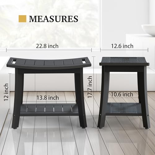HIPS Shower Bench Inside Shower Stool with Storage Shelf, Waterproof Spa Bath Chair for Bathroom, Seat or Organizer for Living Room, Bedroom - Great for All Ages Unisex Elderly (Large, Black) - color: Black, size: Large 24x12x18 Inch