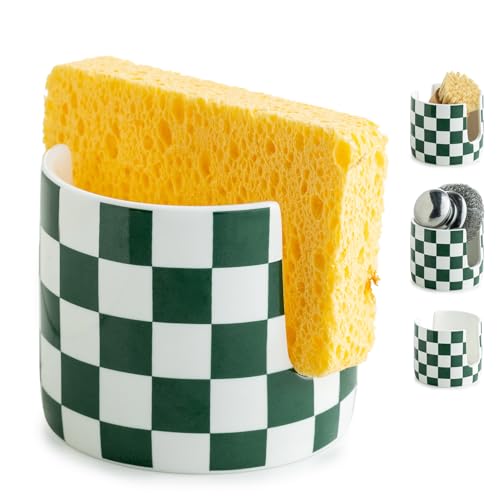 Zoeeker Ceramic Kitchen Sponge Holder, Dish Sponge Holder Suitable for Scrubby Farmhouse Drying Rack Brush Holder for Christmas Bathroom, Kitchen, Sink, Green and White - color: Green and White, size: Cylindrical