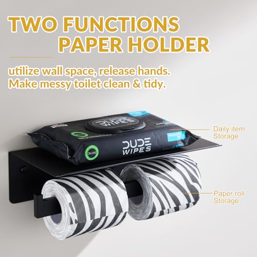 APLusee Matte Black Double Toilet Paper Holder with Shelf, 304 Stainless Steel Bathroom Tissue Roll Holder, Commercial Paper Dispenser Wall Mounted - color: Matte Black, size: Double Rod