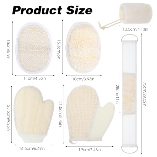 Natural Loofah Sponge Set, 6-Pack Exfoliating Body Scrubber Pads & Back Scrubber & Glove Luffa Sponge Pads, White for Men and Women