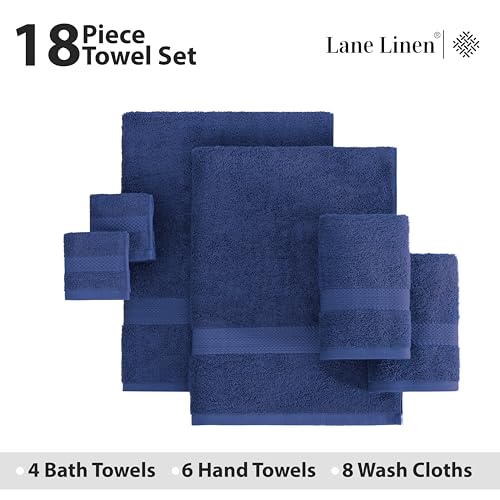 LANE LINEN Cotton Bath Towel Set - 18 Piece - Low Twist, Soft & High Absorbency - 4 Bath, 8 Wash Cloth, 6 Hand Towels - Classic Hotel Quality, Durable & Ideal for Modern Bathrooms - Navy Blue - color: 03: Navy Blue, size: 18 Piece Towel Set