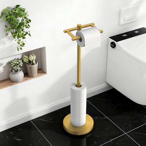 FORIOUS Toilet Paper Holder Stand Adjustable, Freestanding Tissue Roll Holder for Bathroom, Pivoting Design, Durable SUS 304 Stainless Steel Weighted Base Toilet Paper Stand, Storage (Brushed Gold) - color: Brushed Gold