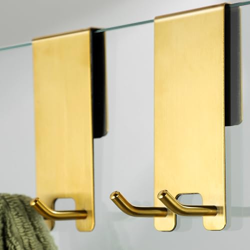 Taozun Shower Door Hooks, Gold Towel Hooks for Bathroom Frameless Glass Door, Shower Squeegee Hooks, 2-Pack, Stainless Steel - color: Gold, size: 2 Pack