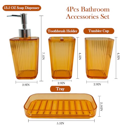 4 Pcs Bathroom Accessory Set Plastic Bathroom Organizer Kit with 13.5oz Soap Dispenser Toothbrush Holder Tumbler Vanity Tray Complete Countertop Bathroom Decor Set(Orange)