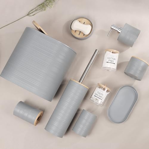 IMAVO Bathroom Accessory Set-11Pcs Grey Bathroom Accessories Set with Trash Can,Soap Dispenser,Soap Dish,Toothbrush Holder,Toothbrush Cup,Toilet Brush Holder,Qtip Holder Dispenser with Labels - color: Grey, size: 11 PCS Bathroom Set