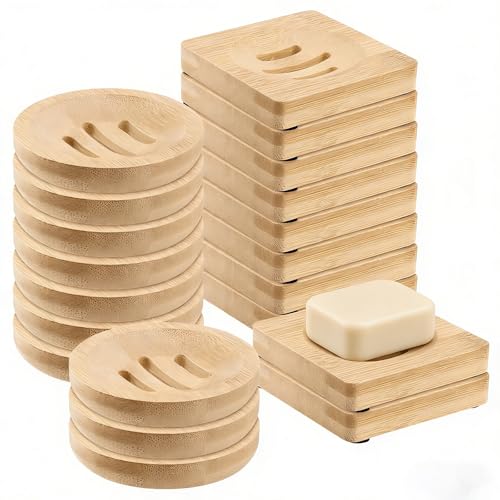 HOIGON 20 PCS Bamboo Soap Dish, 10 Round Wooden Bar Soap Holder and 10 Square Soap Tray, Wooden Soap Tray for Home Bathroom Kitchen