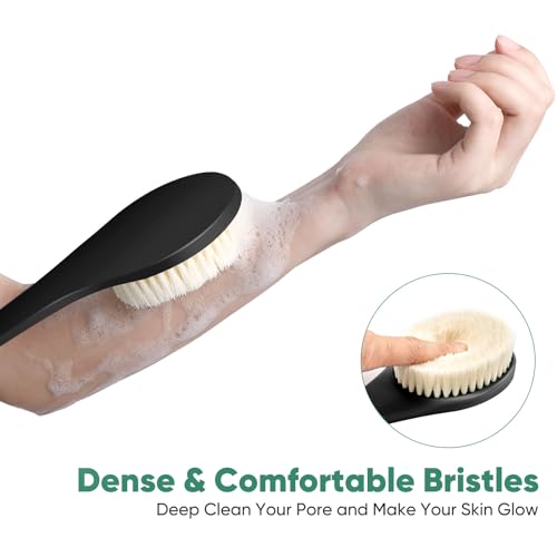 Back Scrubber for Shower, 17-Inch Shower Brush for Men and Women, Long Handle Exfoliating Body Brush, Medium Bristle Stiffness for Dry or Wet Brushing (Black) - size: 17 in - Black