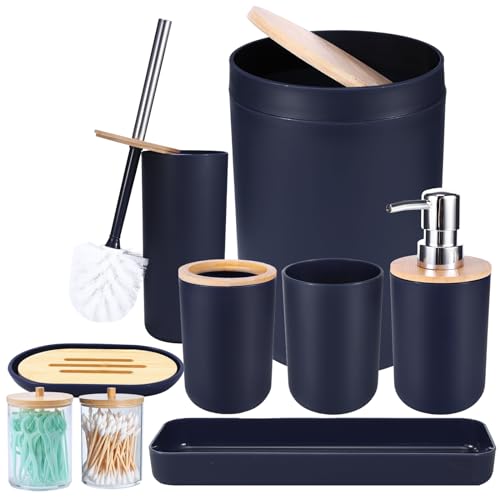 iMucci Bathroom Accessories Set Navy Blue Bathroom Decor Sets with Trash Can,Toilet Brush,Toothbrush Holder, Lotion Soap Dispenser, Soap Dish,Toothbrush Cup,Vanity Tray,Qtip Holder - size: Bath Set, style: Navy Blue