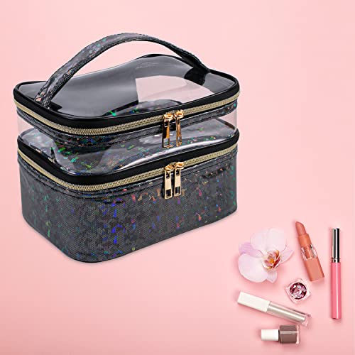 Double-layer Makeup Bag Cosmetic Bag Travel Makeup Cases Organizer Toiletry Bag Gift for Women, Portable Waterproof (Black) - color: 10-Black