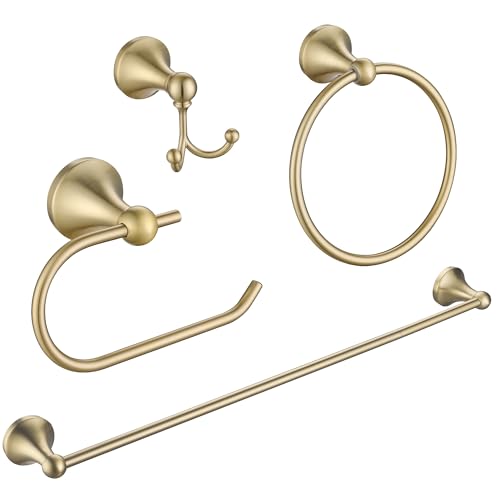 4 Piece Gold Bathroom Hardware Set - Brushed Gold Bathroom Accessories, 23.6 Inch Towel Bar | Towel Hook | Toilet Paper Holder | Hand Towel Holder - color: Light Gold