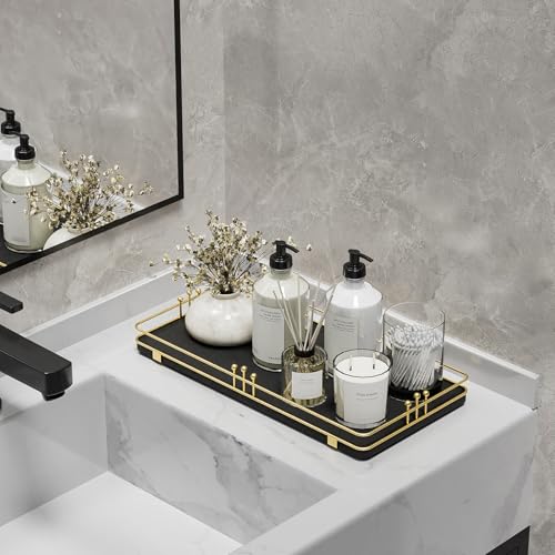 Toilet Paper Basket, Bathroom Basket for Counter Toiletries Towel Decor, Toilet Tank Tray, Guest Back of Toilet Organizer Storage, Vanity Tray for Perfume Makeup, Kitchen 13”x6.5” Black-Gold - color: Black + Gold, size: 13" x 6.5" x 1.6"