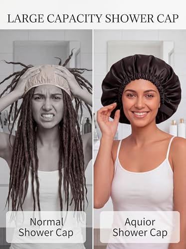 Aquior Shower Cap for Women, Extra Adjustable Shower Caps for Women Double-Layer Waterproof Reusable Hair Cap, Large Size Hair Cap for All Hair,for Girls Spa Bath,Soft and Comfortable (Back) - color: black