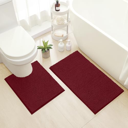 HOMEIDEAS Bathroom Rugs Set 2 Pieces, Ultra Soft Non Slip Absorbent Chenille Toilet Bath Mat Set (Burgundy) - color: Red-burgundy, size: 1'8" x 2'8" (U Shape 20"x24"+20"x32")