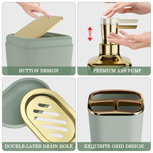 Bathroom Set - 11PC Bathroom Accessory Set, Bathroom Accessories Set, Sage Green Bathroom Set, Push-lid Trash Can, 3PC Soap Dispensers, Toilet Brush & Q-tip Holders - color: Sage Green & Gold, size: Bath Set