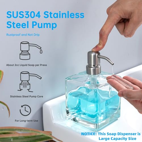 Square Bathroom Soap Dispenser Brushed Nickel, Large Capacity 16.9 oz Glass Bottles with Stainless Steel Pump Retangle Cube Liquid Soap Dispenser Kitchen - color: Brushed Nickel, size: 16.9oz-Square