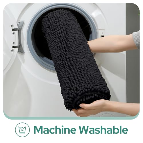 HOMEIDEAS 2 Pieces Bathroom Rugs, Non Slip Absorbent Chenille Toilet Bath Mat Set (Black) - color: Black-black, size: 1'5" x 2'8" (Rectangular 20"x32"+17"x24")