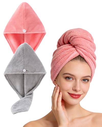 Lumimi Bath Pre Dry Hair Towel 2 Pack Quick Dry Hair Super Absorbent Lightweight Turban with Button Hair Drying Wrap Shower Wellness, Red Grey - color: Red+grey