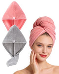 Lumimi Bath Pre Dry Hair Towel 2 Pack Quick Dry Hair Super Absorbent Lightweight Turban with Button Hair Drying Wrap Shower Wellness, Red Grey - color: Red+grey