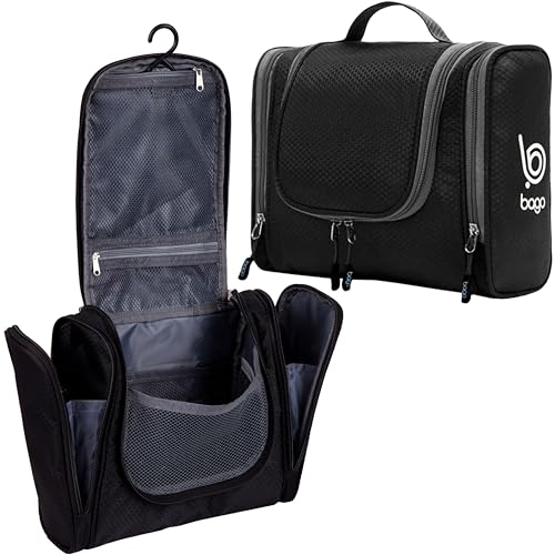 Bago Travel Toiletry Bag for Women and Men - Large Waterproof Hanging Large Toiletry Bag for Bathroom and Travel Bag for Toiletries Organizer -Travel Makeup Bag (Black) - color: Black, size: Large
