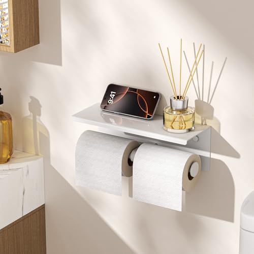 FORIOUS Double Toilet Paper Holder with Shelf, Wall Mount Tissue Roll Holder for Bathroom, 304 Stainless Steel Commercial Toilet Tissue Dispensers with Phone Shelf (1, White) - color: White