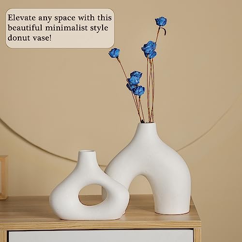 CEMABT White Ceramic Vase Set of 2 for Modern Minimalist Bohemian Decor，Round Matte Donut Vases for Pampas Grass-Perfect for Living Room, Dining Table, Office Bedroom Shelf Decor Entryway, Console - color: White