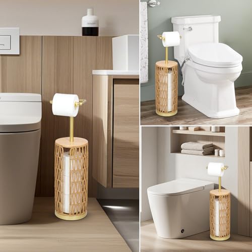 Trongee Freestanding Toilet Paper Holder with Storage,3 Rolls of Boho Toilet Paper Holder Stand with Lid,Gold Toilet Tissue Holder Stand Rattan Paper Storage Wicker Toilet Roll Holder Basket - color: U-gold