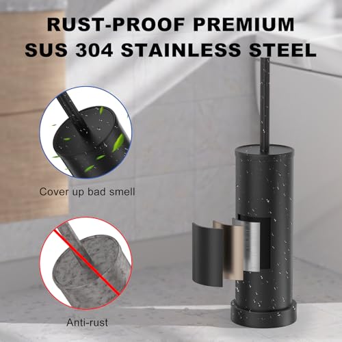 Black Toilet Brush and Holder Set，Stainless Steel Heavy Duty Toilet Bowl Brush，Extra Long Handled Modern Toilet Cleaner Brush with Replaceable Head, Removable Inner Bowl