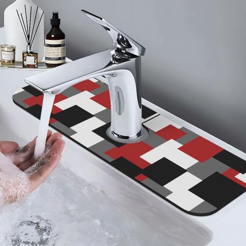Grey Black White Plaid Square Red 15" X 5.5" Kitchen Sink Splash Guard Faucet Faucet Guard Draining Mat Sink Splash Guard Faucet Kitchen Bathroom - color: Grey Black White Plaid Square Red