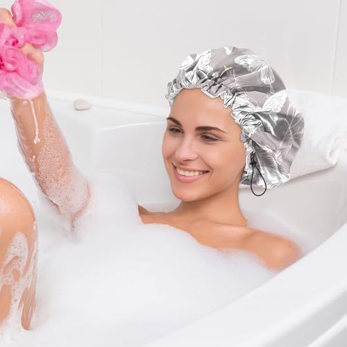 2 PCS Shower Cap Waterproof Double Layer Elastic Adjustable Reusable Hair Bath Caps for Girls Women Cute Aesthetic-White - color: G5-White