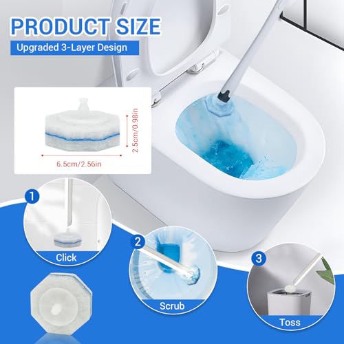 50 Pack Disposable Toilet Brush Refills, Universal Compatible Replacement Heads, 3-Layer Deep Cleaning Sponges for Bathroom Wand, Blue & White Striped Scrubbers - color: 50
