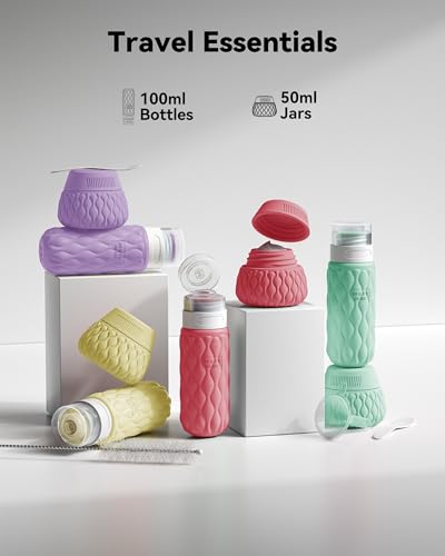 Silicone Travel Bottles for Toiletries 8 Pack Travel Size Toiletries 3.4 oz 1.7 oz, Leakproof Squeeze Travel Size Containers Refillable Cosmetic Jars Set for Shampoo, Conditioner, Creams - color: Sweet Ripple-3.4oz/1.7oz