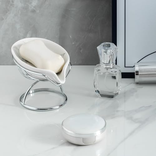 Dobbyby Leaf-Shaped Soap Dish – Ceramic Soap Bar Holder with Self-Drainage System – Bar Soap Holder for Shower, Bathroom Sink, Kitchen – Soap Dish with Stainless Steel Stand (White-Sliver-2 Pack) - color: White-sliver-2 Pack