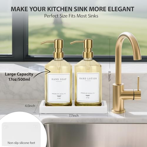 Dish Soap Dispenser for Kitchen, Glass Kitchen Soap Dispenser Set with Stainless Steel Pump, Modern Farmhouse Bathroom Decor & Accessories (Yellow Bottle/Gold Pump) - color: Yellow Bottle + Gold Pump
