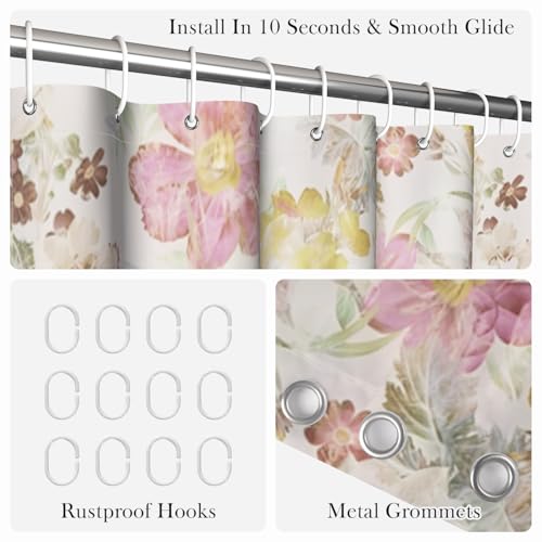 Vintage Floral Shower Curtain with Hooks - Pastel Botanical Flower Design Curtain for Bathroom Decor, Waterproof Fabric Bath Curtain for Rustic Farmhouse Style Home Apartment, 71x74 Inch - color: Floral-a