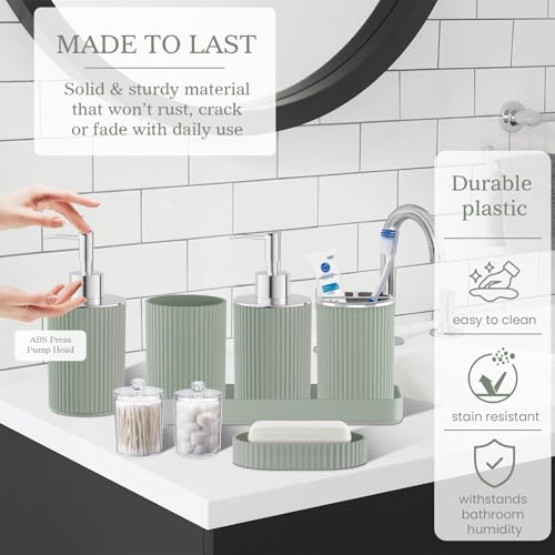 Sage Green Bathroom Accessories Set, 10PC Bathroom Set, Bath Accessory with Pop Up Trash Can, Soap Dispenser, Toilet Brush, Toothbrush Set Qtip Holders & Tray - color: Sage Green & Silver, size: 10-Piece Set (Accessories Only)