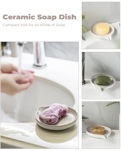 Soap Dish with Drain, Ceramic Soap Holder Self Draining Bar Soap Saver with Waterfall Design for Shower Bathroom Kitchen Sink Bathtub, Beige White - color: Beige White, size: Round