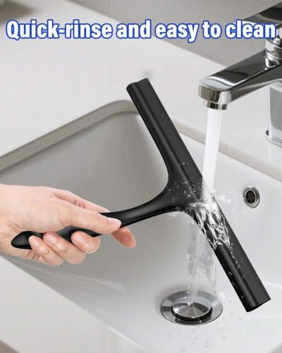Shower Squeegee for Glass Doors, 10 in Bathroom Squeegee with Adhesive Hook | Mutil-Purpose Window Squeegee for Shower Glass, Tile Walls, Car Cleaning, Ergonomic Handle, Silicone Streak Free Squeegees - color: All Black